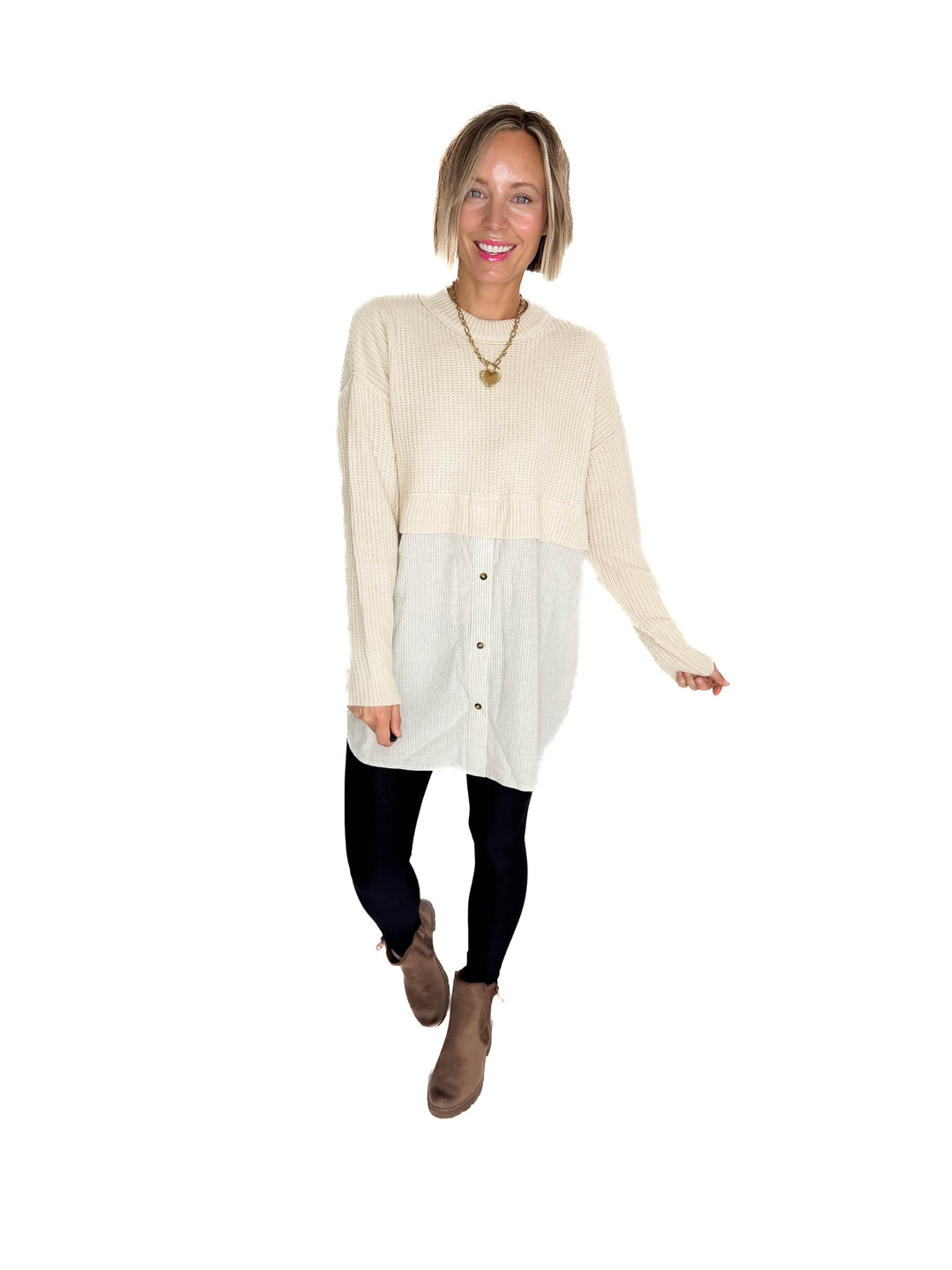 Diane Contrast Long Sleeve Tunic- STONE
