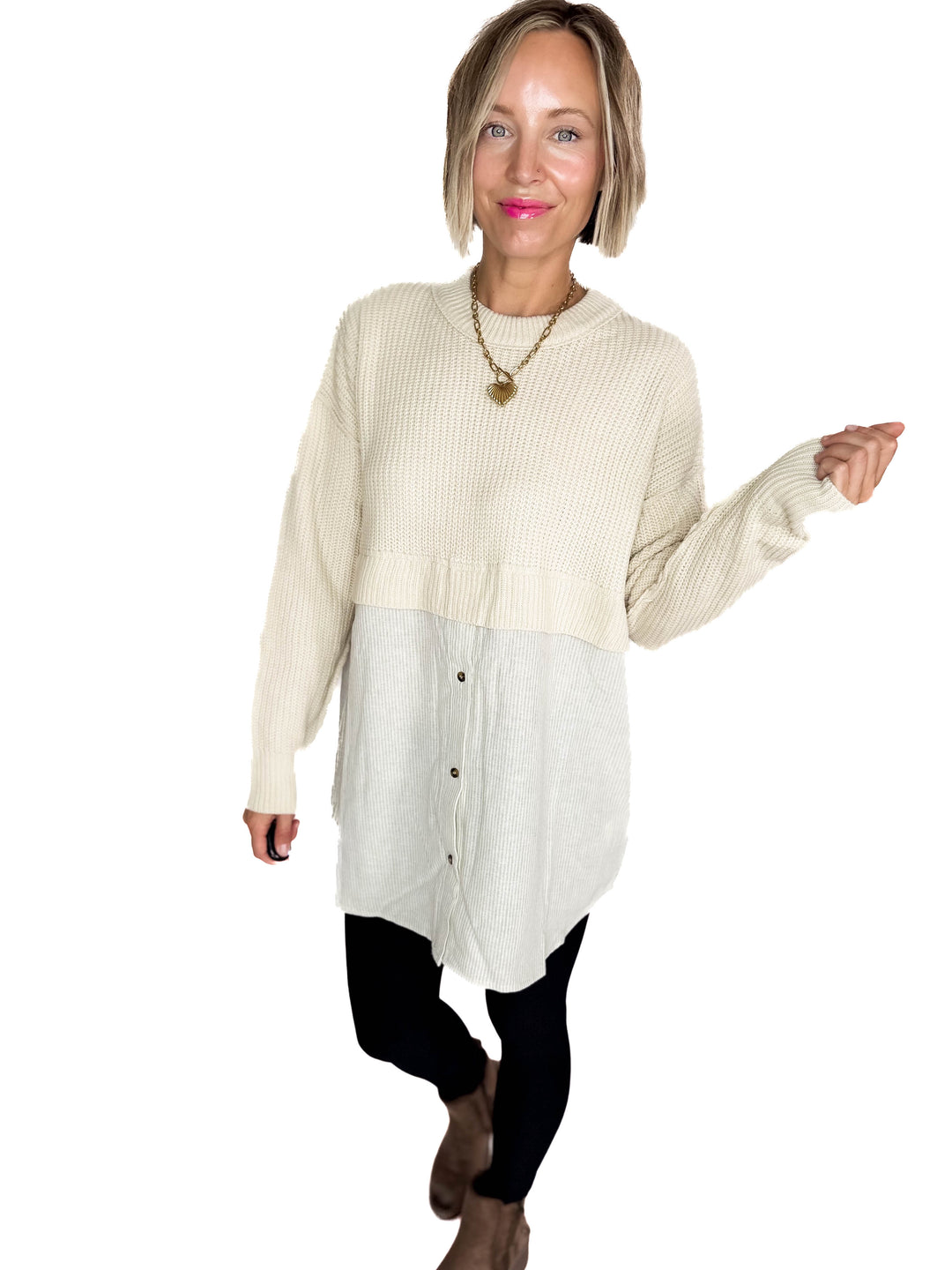 Diane Contrast Long Sleeve Tunic- STONE