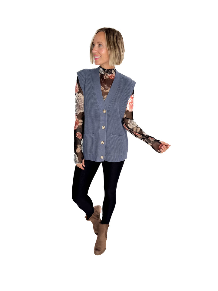 Dallas Chunky Knit Varsity Style Sweater- DENIM