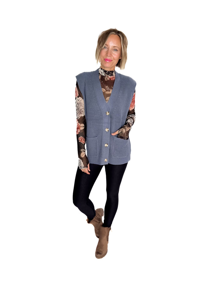 Dallas Chunky Knit Varsity Style Sweater- DENIM
