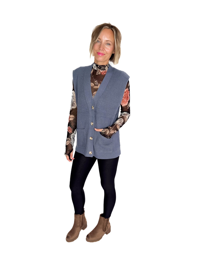 Dallas Chunky Knit Varsity Style Sweater- DENIM