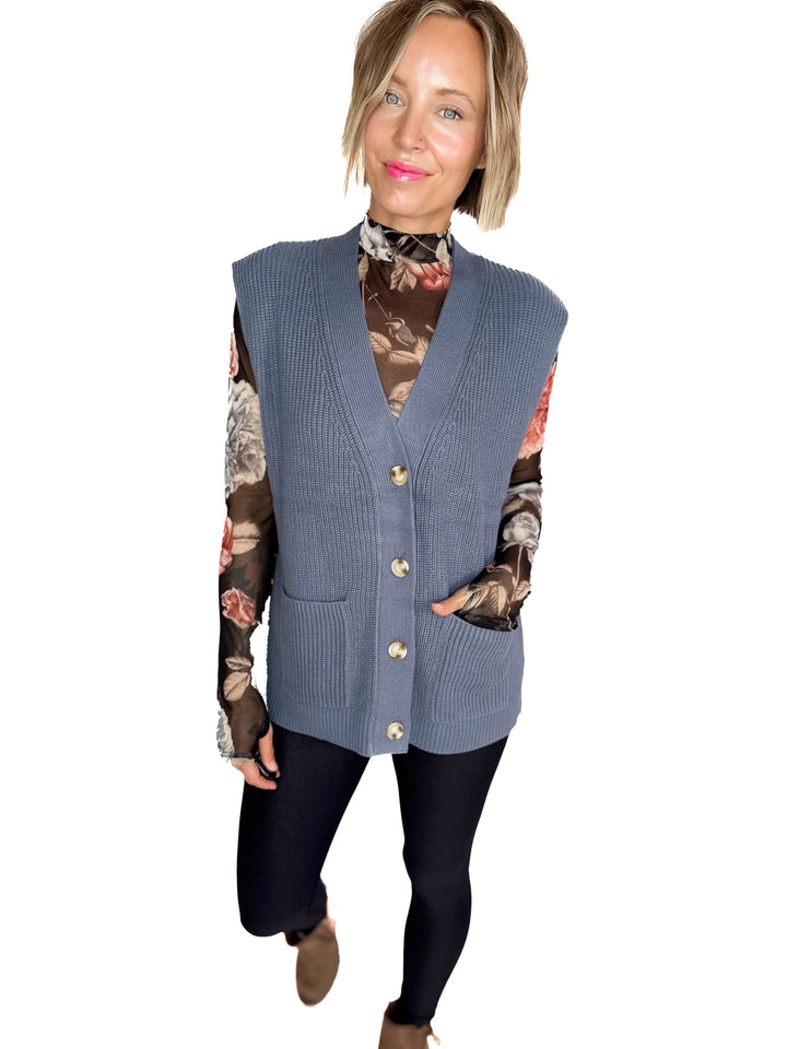 Dallas Chunky Knit Varsity Style Sweater- DENIM