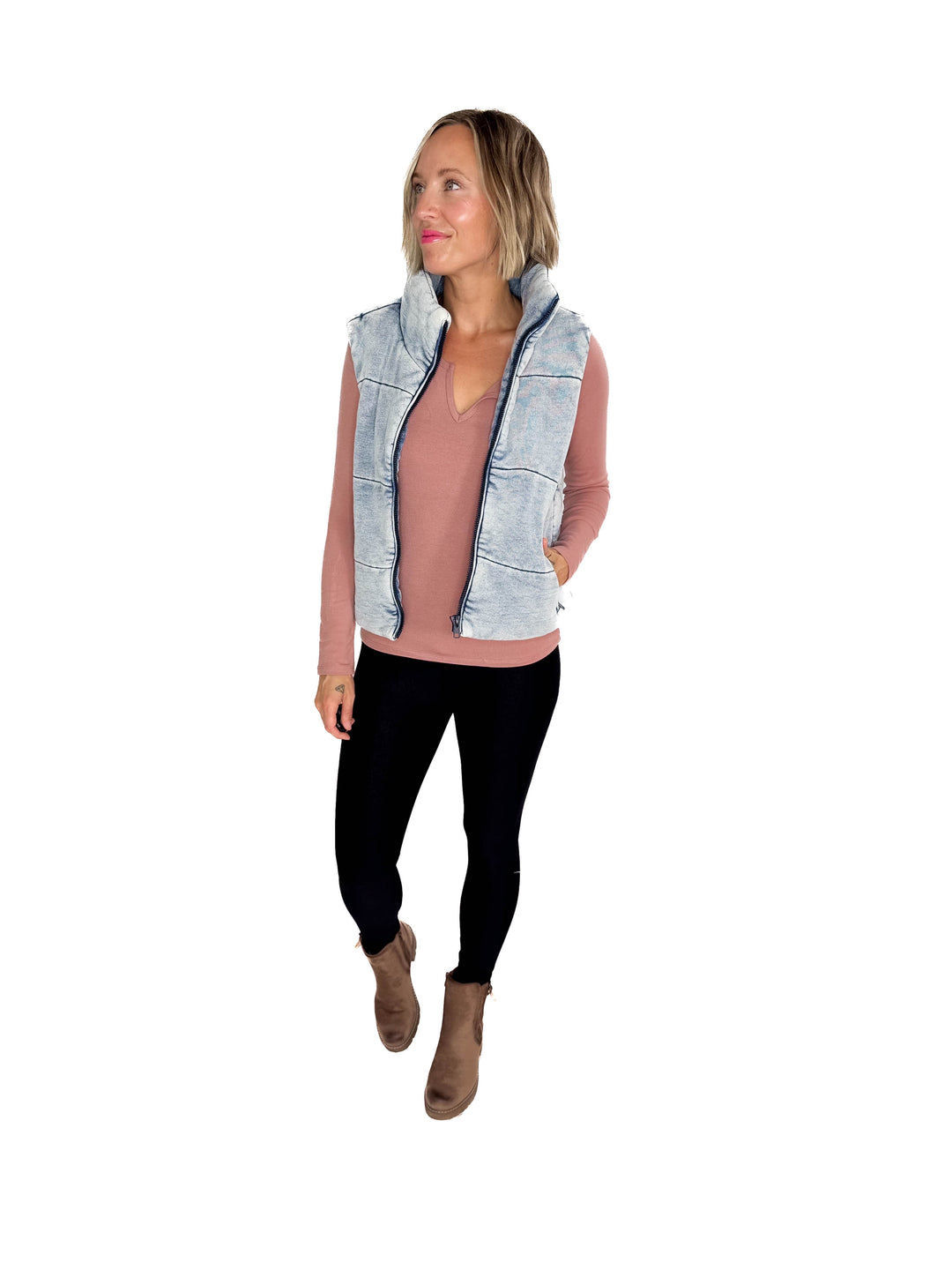 Jacklyn Denim Feel Zip Up Puffer Vest- DENIM