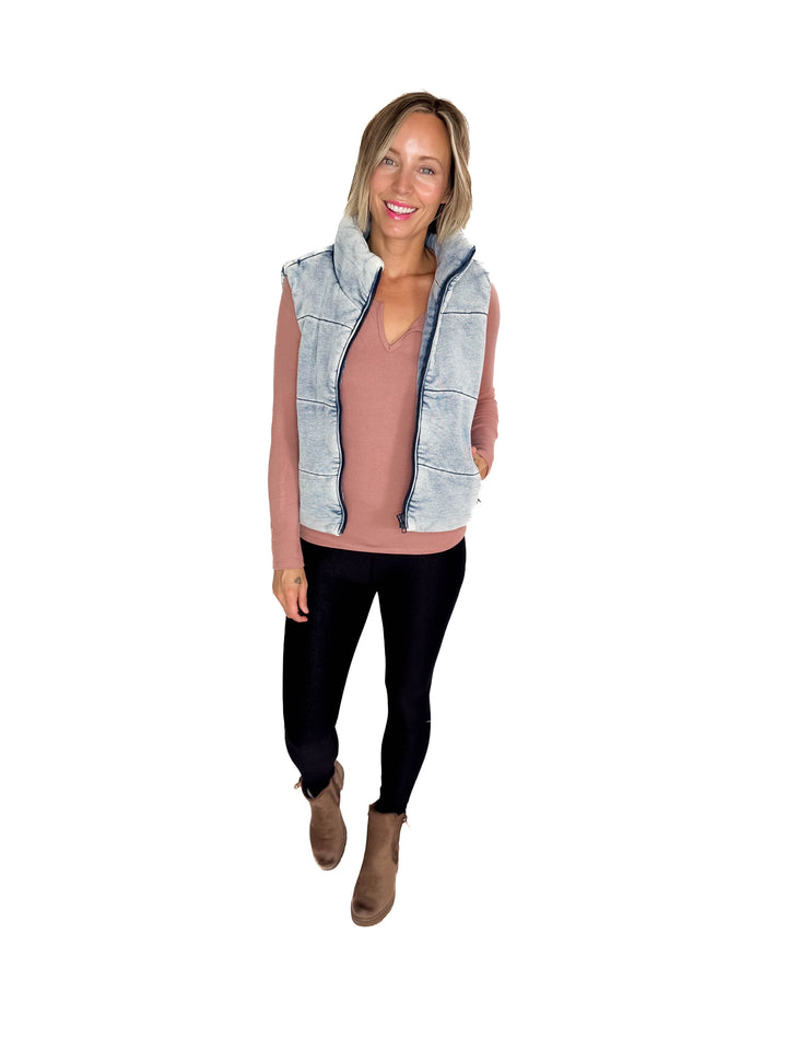 Jacklyn Denim Feel Zip Up Puffer Vest- DENIM
