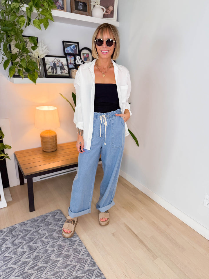 Golden Hour Tie Waist Pants- LIGHT BLUE DENIM-FINAL SALE