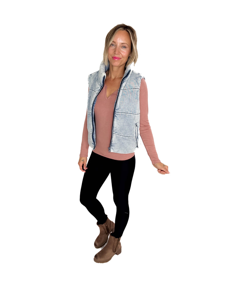 Jacklyn Denim Feel Zip Up Puffer Vest- DENIM