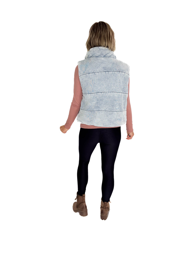 Jacklyn Denim Feel Zip Up Puffer Vest- DENIM