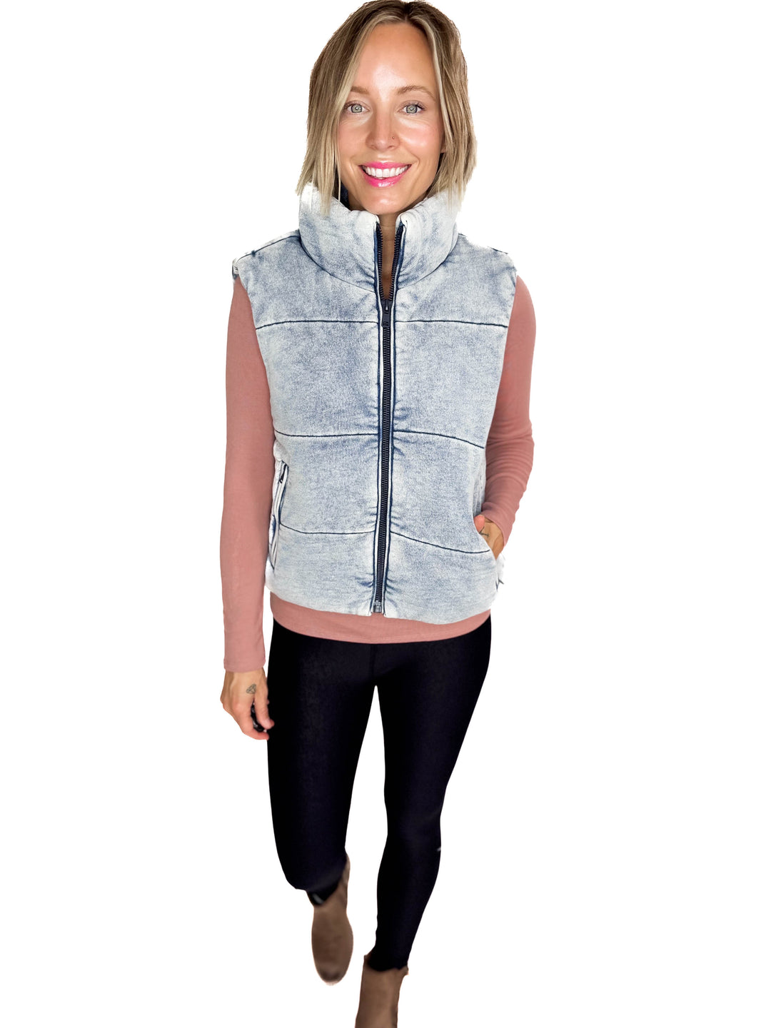 Jacklyn Denim Feel Zip Up Puffer Vest- DENIM