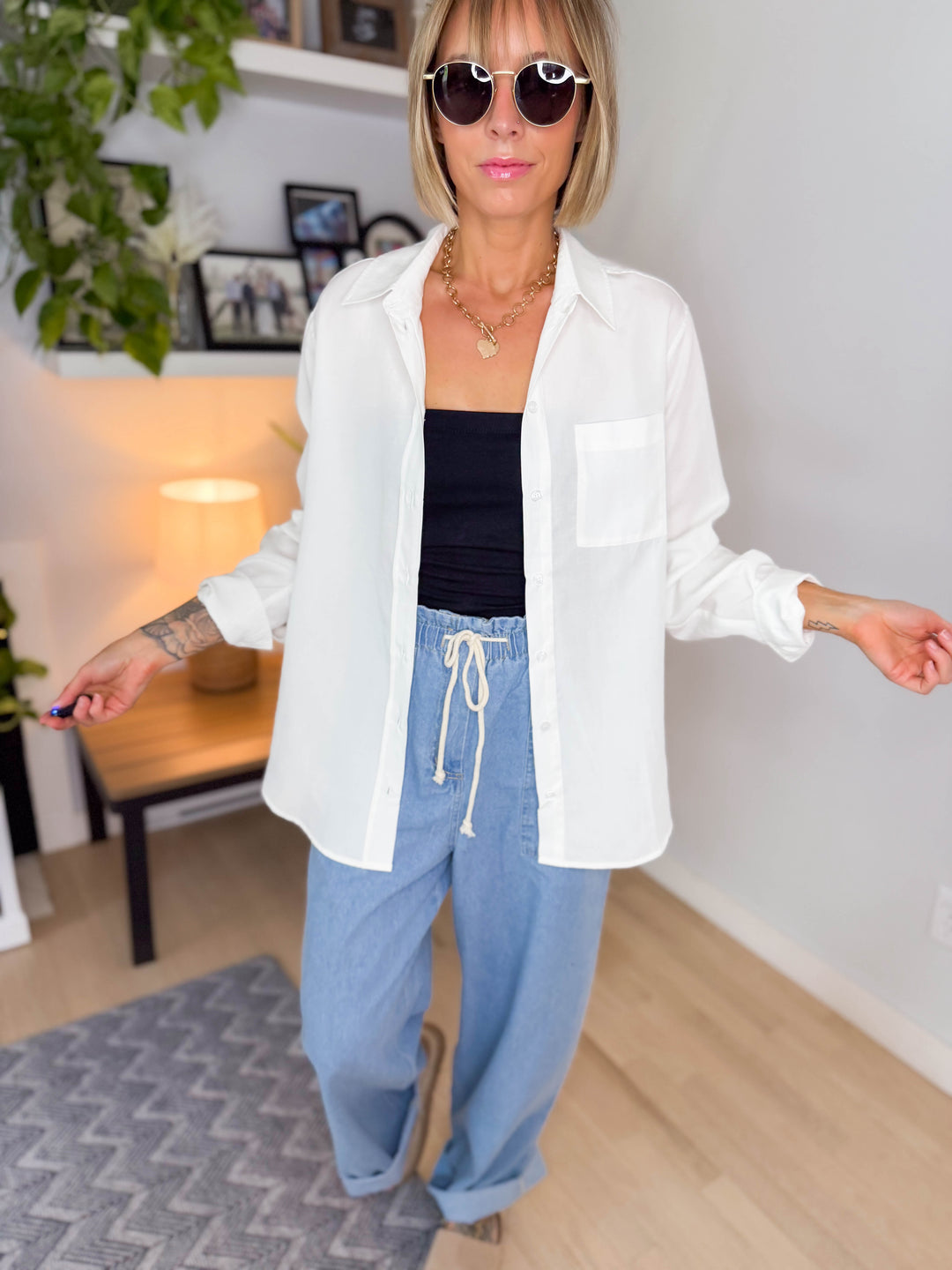 Novie Linen Blend Button Down- WHITE