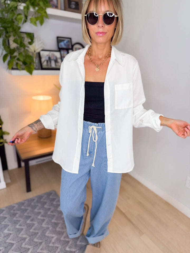 Novie Linen Blend Button Down- WHITE