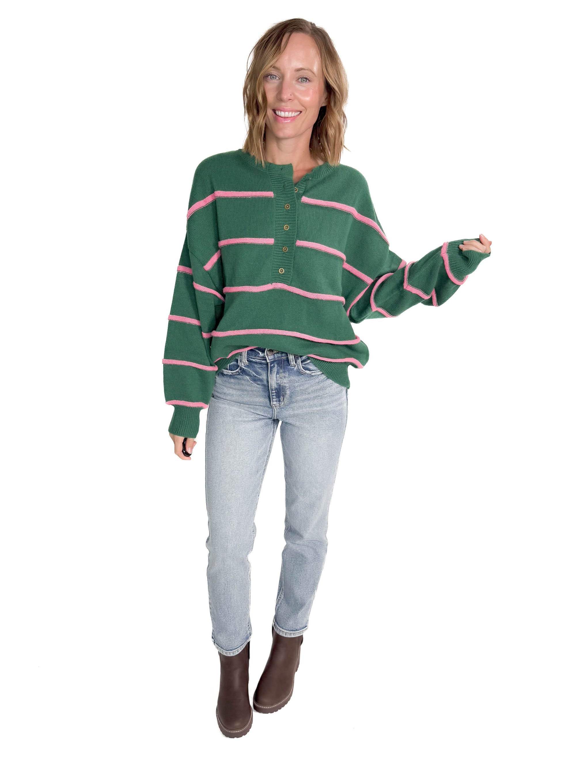 Ruby Henley Sweater- HUNTER GREEN/PINK-FINAL SALE