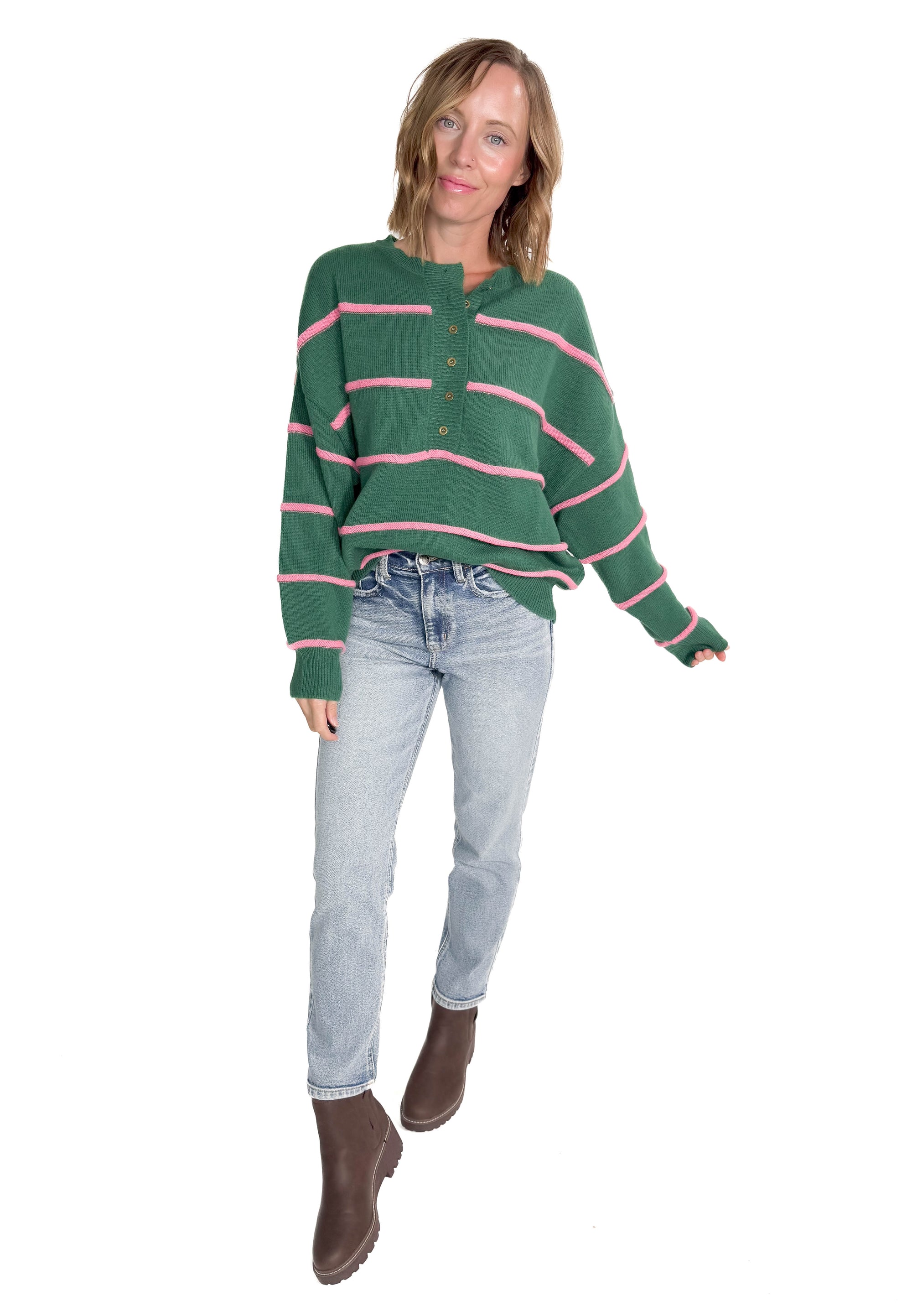 Ruby Henley Sweater- HUNTER GREEN/PINK-FINAL SALE