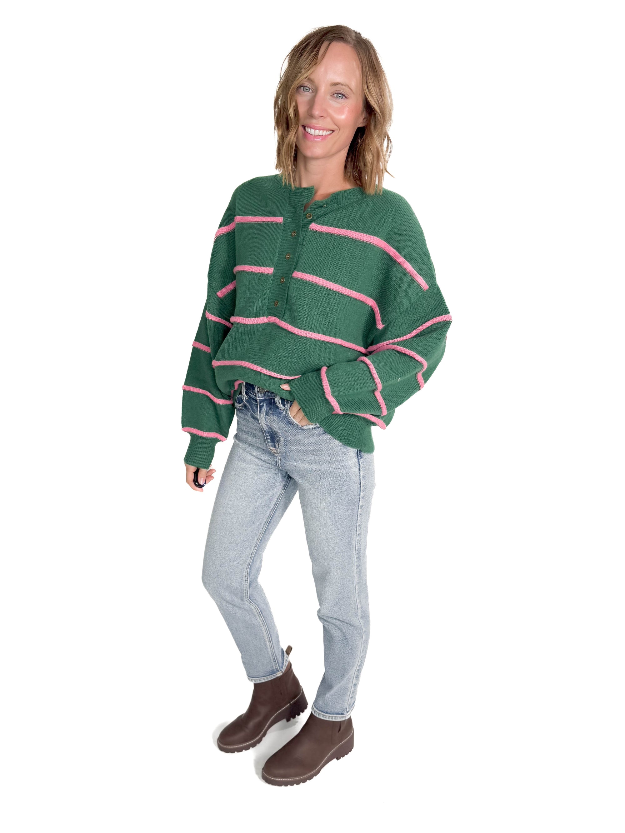 Ruby Henley Sweater- HUNTER GREEN/PINK-FINAL SALE