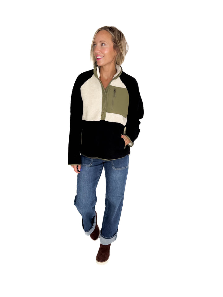 Tara Quarter Snap Sherpa Pullover- BLACK OLIVE COMBO