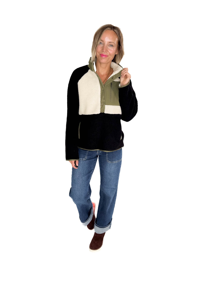 Tara Quarter Snap Sherpa Pullover- BLACK OLIVE COMBO