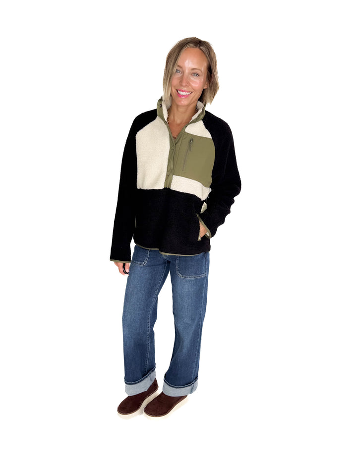 Tara Quarter Snap Sherpa Pullover- BLACK OLIVE COMBO
