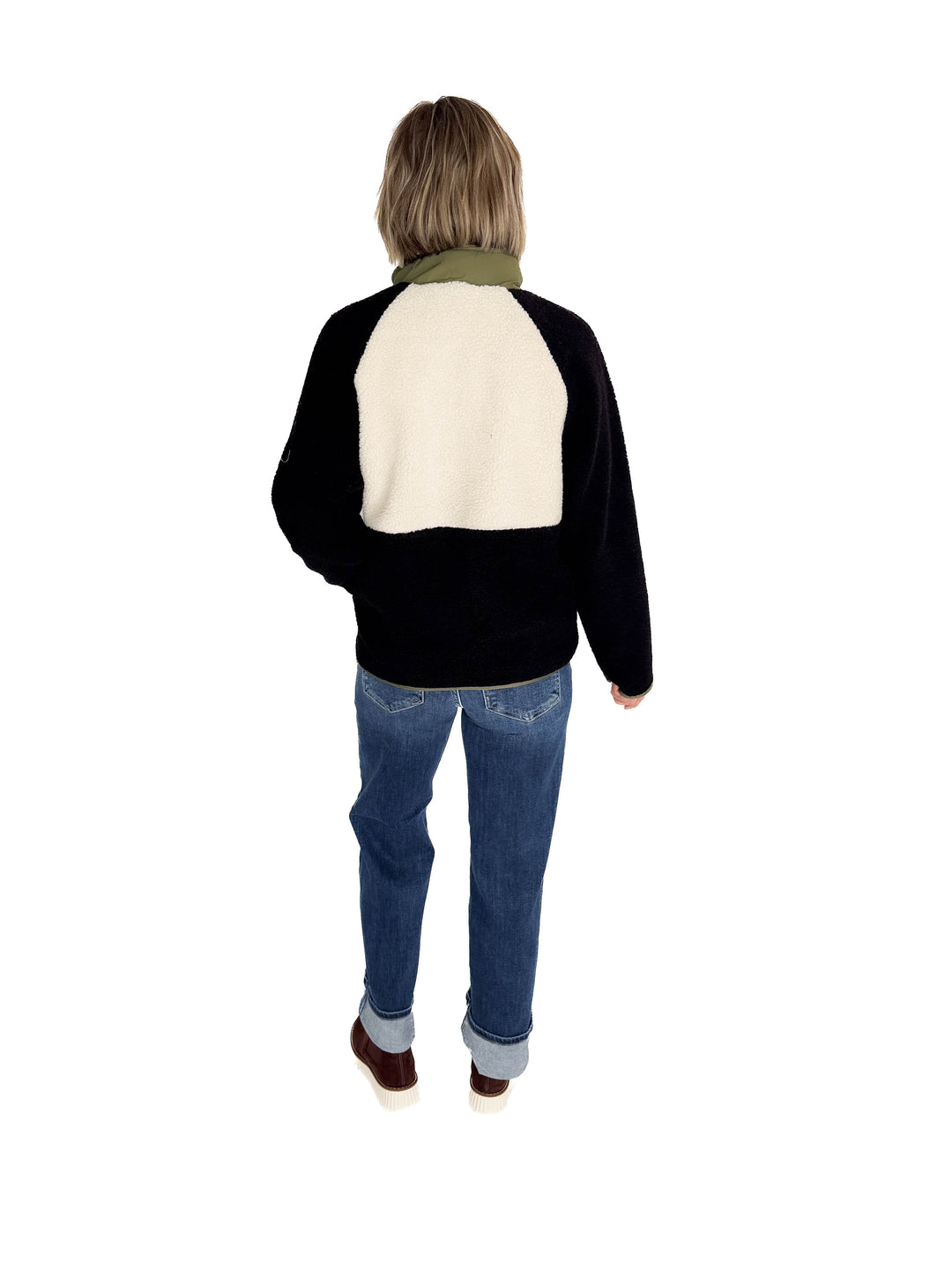 Tara Quarter Snap Sherpa Pullover- BLACK OLIVE COMBO