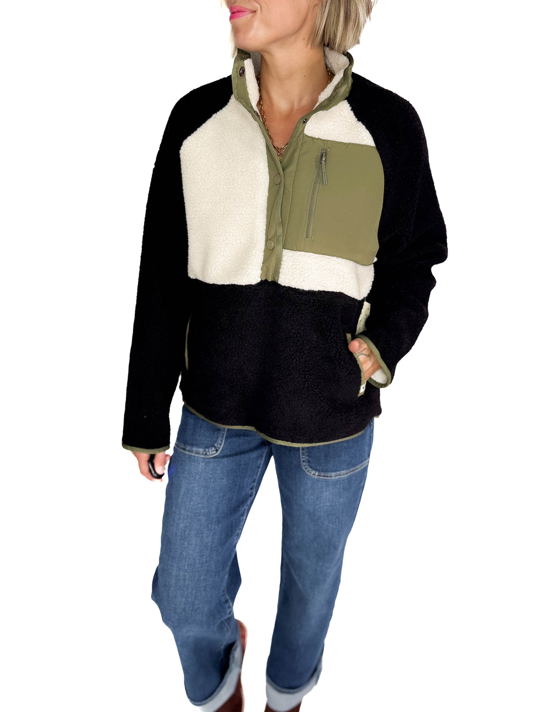 Tara Quarter Snap Sherpa Pullover- BLACK OLIVE COMBO