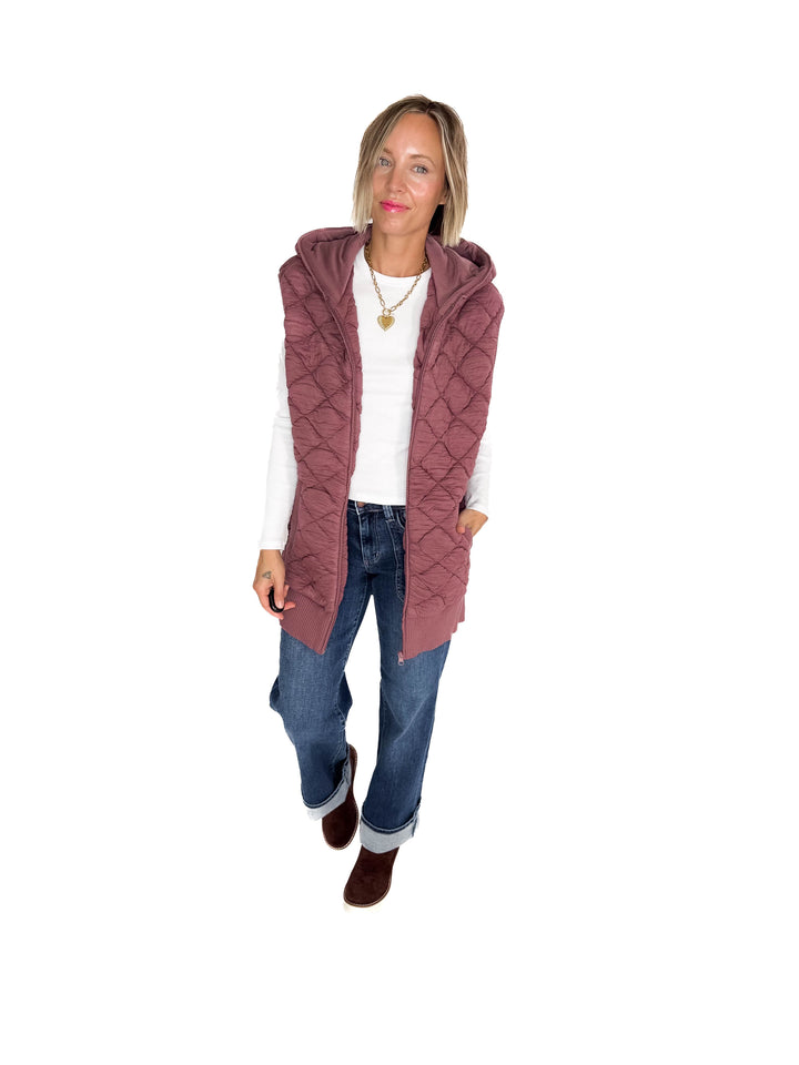 Mono B Celeste Quilted Hoodie Vest- ROSE TAUPE