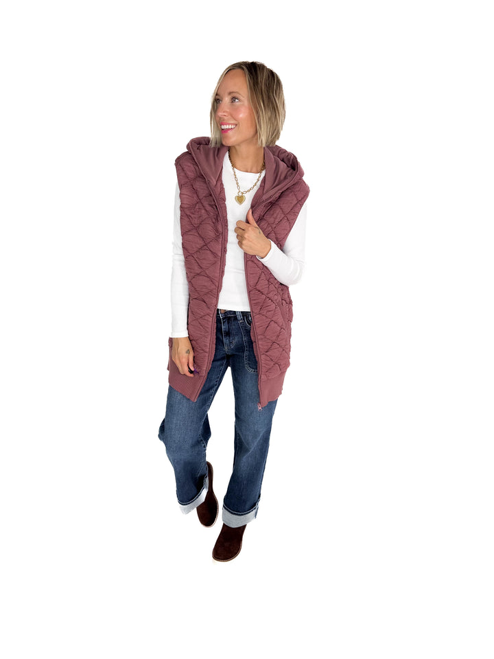 Mono B Celeste Quilted Hoodie Vest- ROSE TAUPE