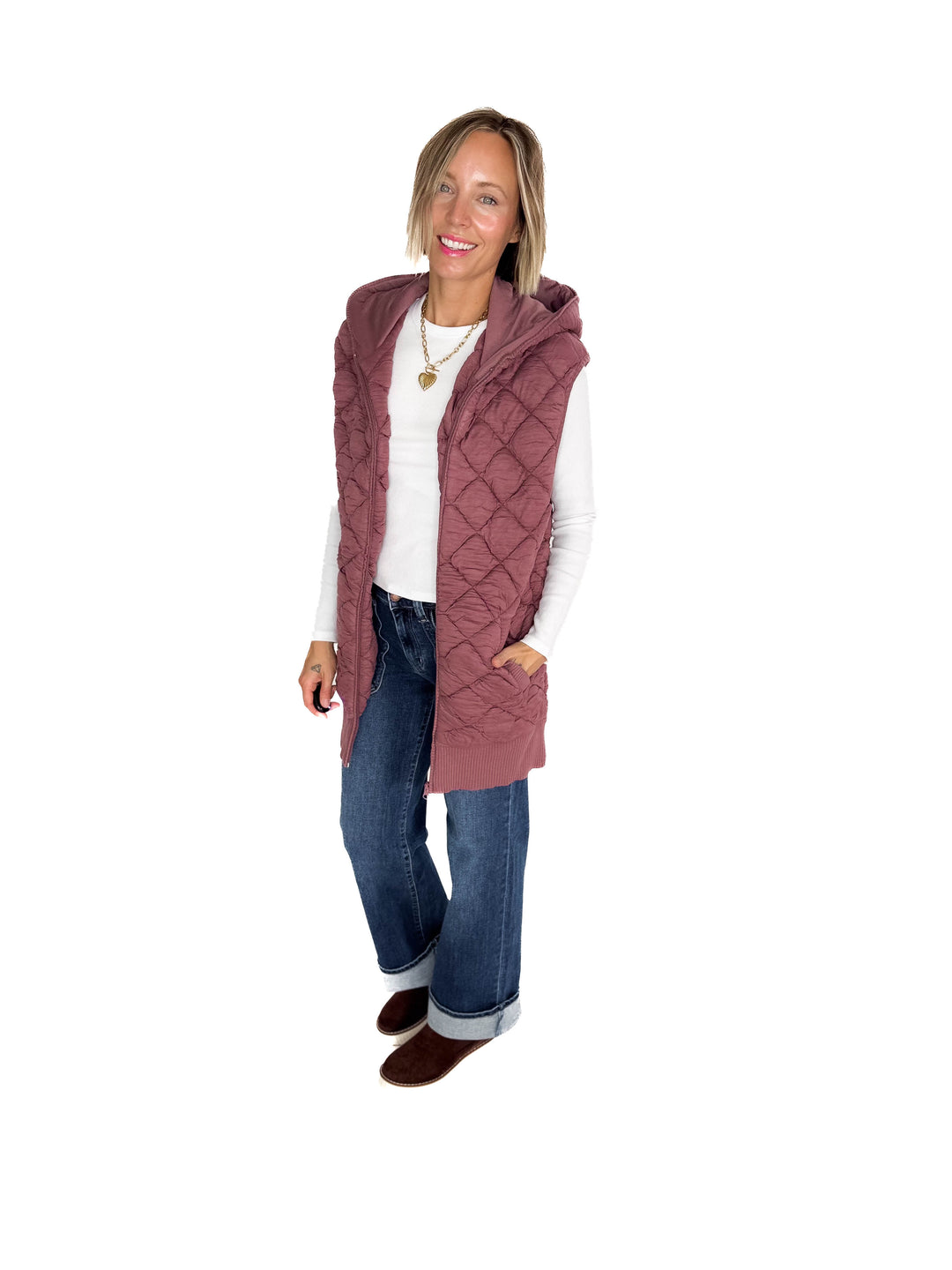 Mono B Celeste Quilted Hoodie Vest- ROSE TAUPE