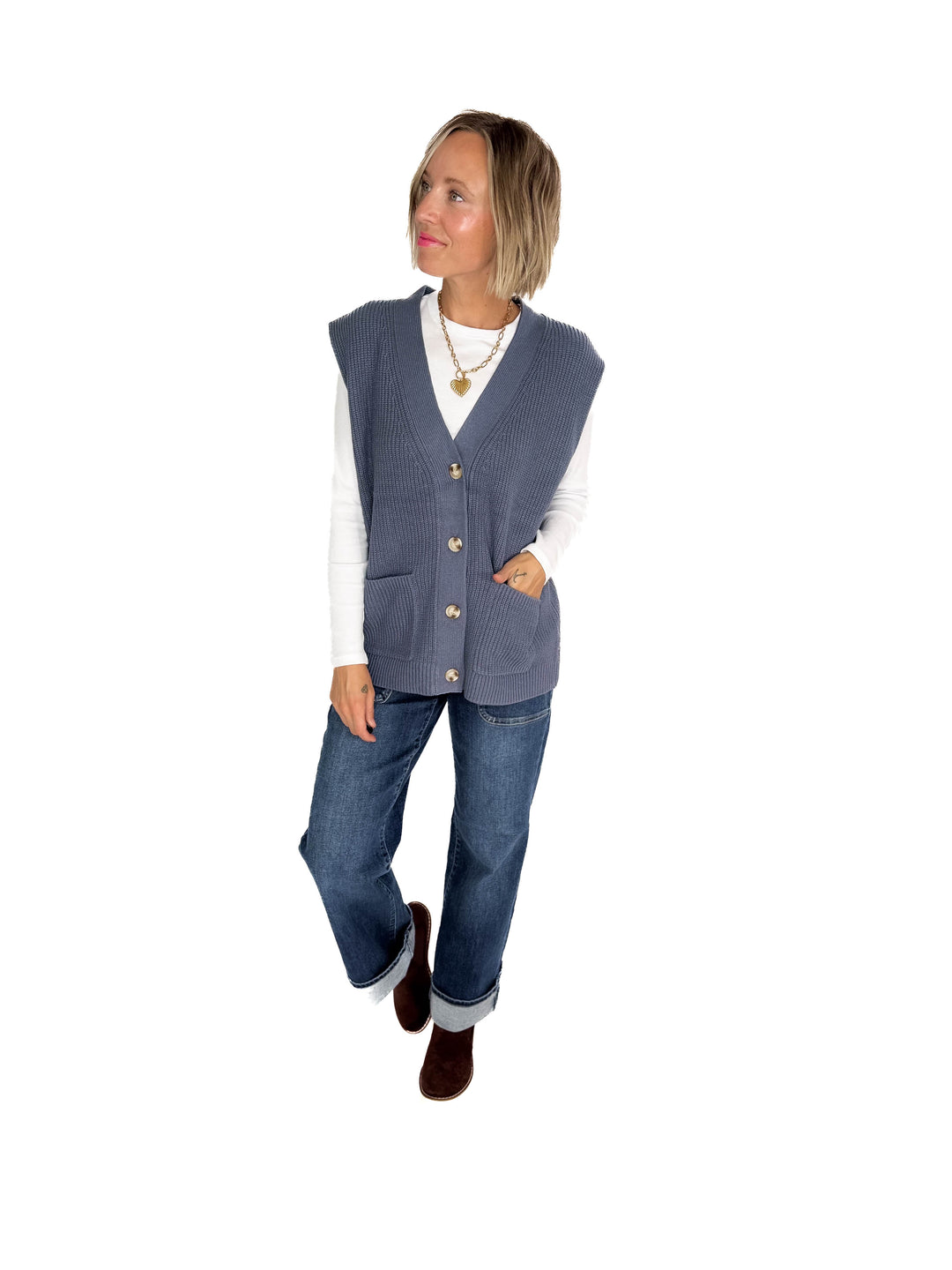 Dallas Chunky Knit Varsity Style Sweater- DENIM