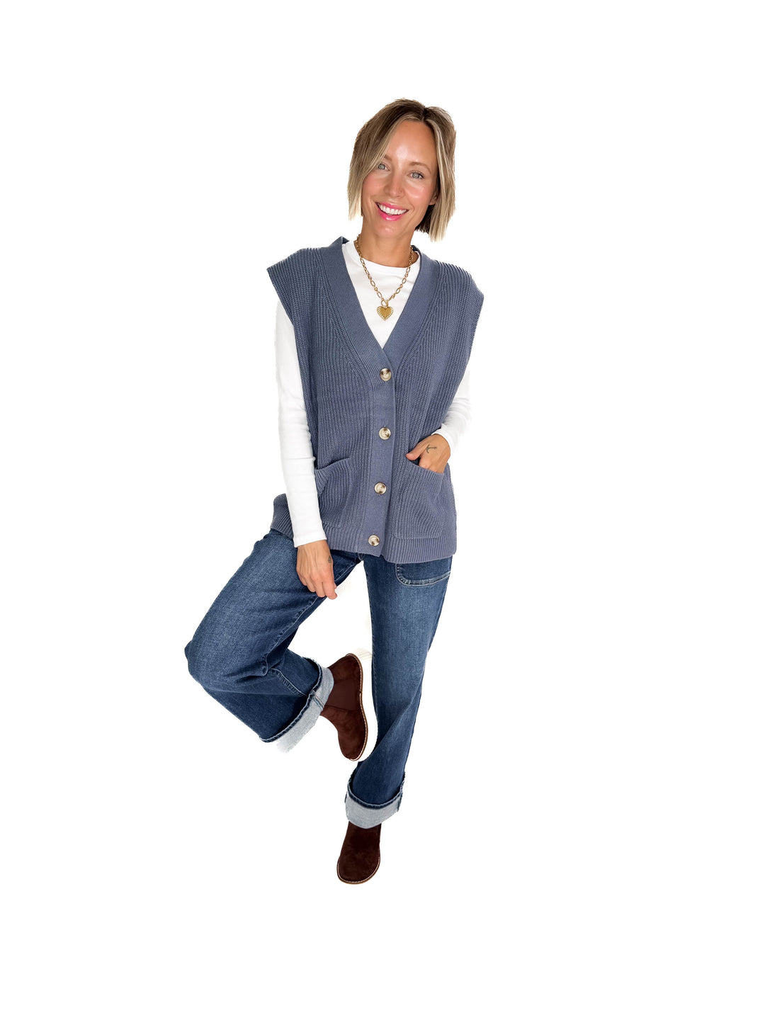 Dallas Chunky Knit Varsity Style Sweater- DENIM