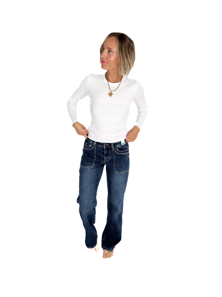 JUDY BLUE Hazelee Mid Rise 90's Straight Front Patch Jeans- MEDIUM DARK