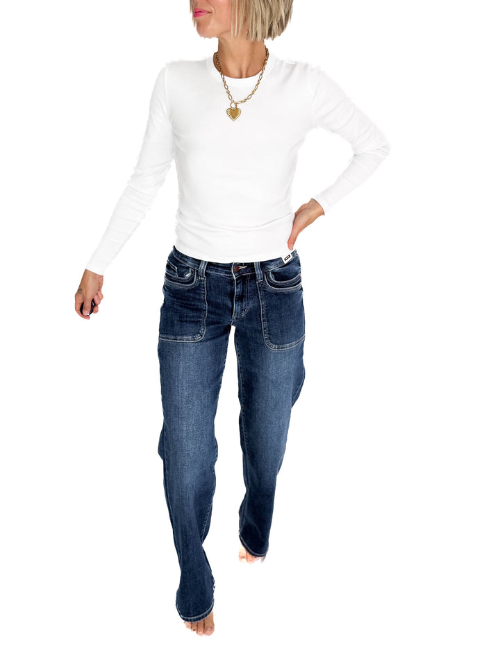 JUDY BLUE Hazelee Mid Rise 90's Straight Front Patch Jeans- MEDIUM DARK