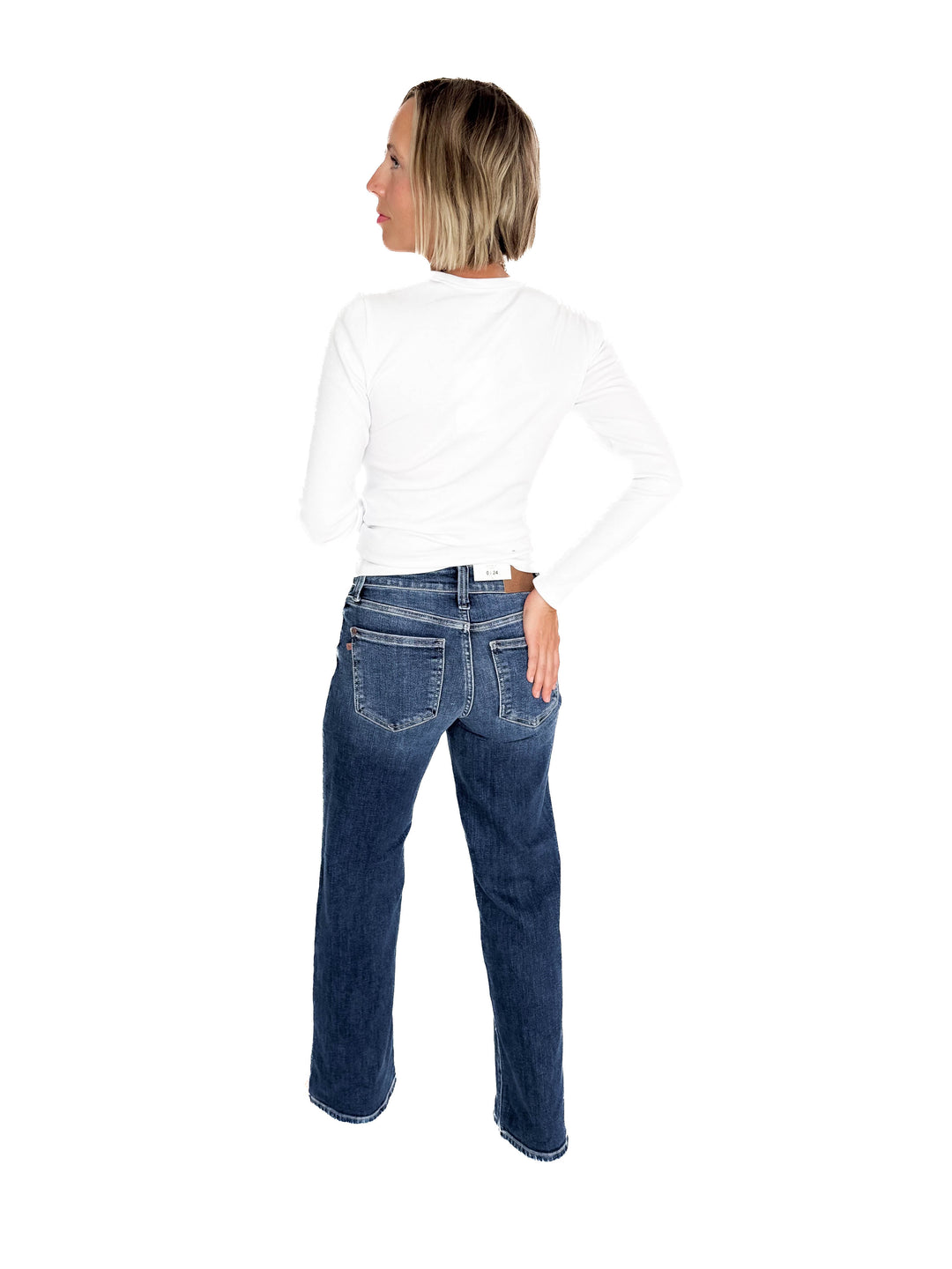 JUDY BLUE Hazelee Mid Rise 90's Straight Front Patch Jeans- MEDIUM DARK