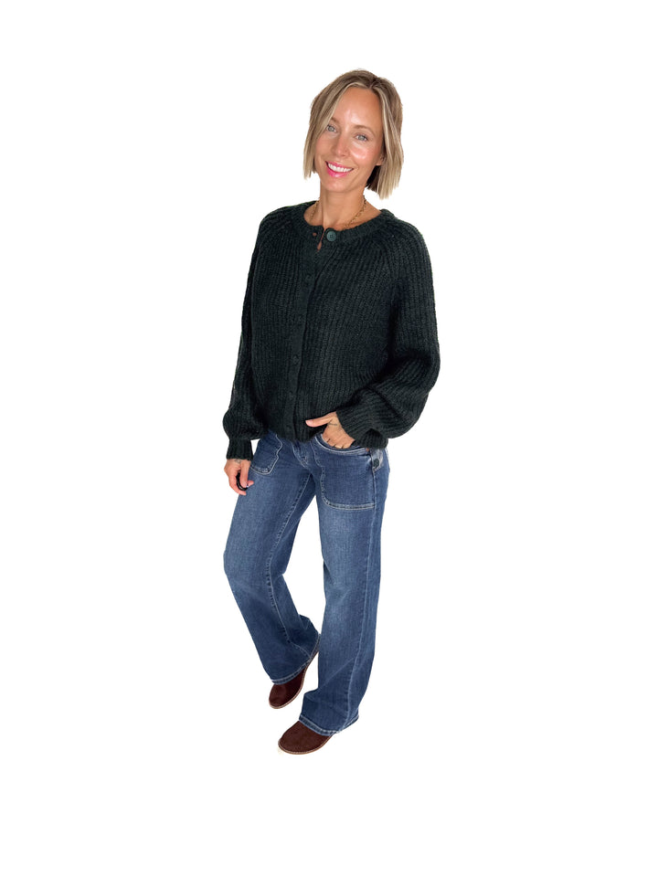 Krystle Button Cardigan- EVERGREEN