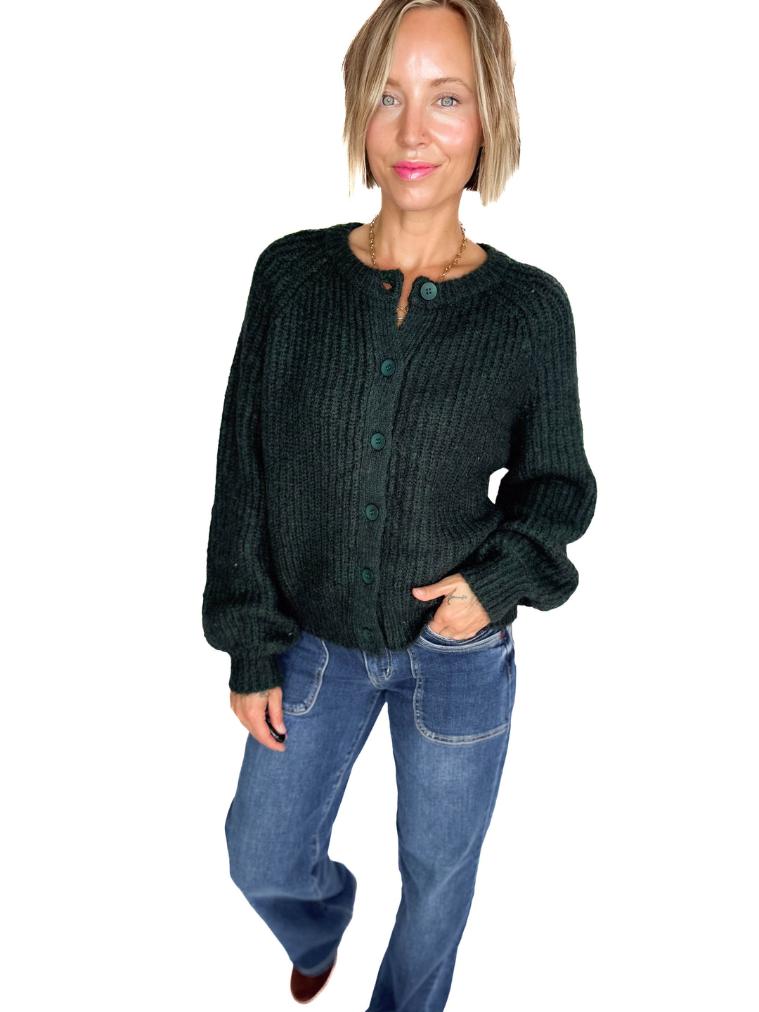 Krystle Button Cardigan- EVERGREEN