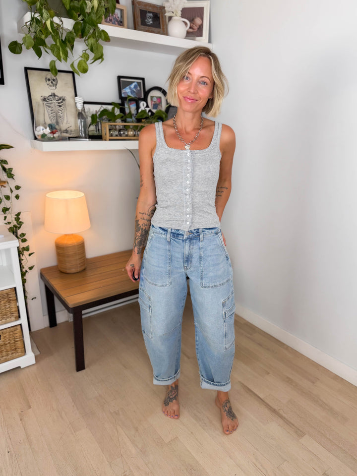 Cello Curt High Rise Cargo Barrel Jeans- LIGHT