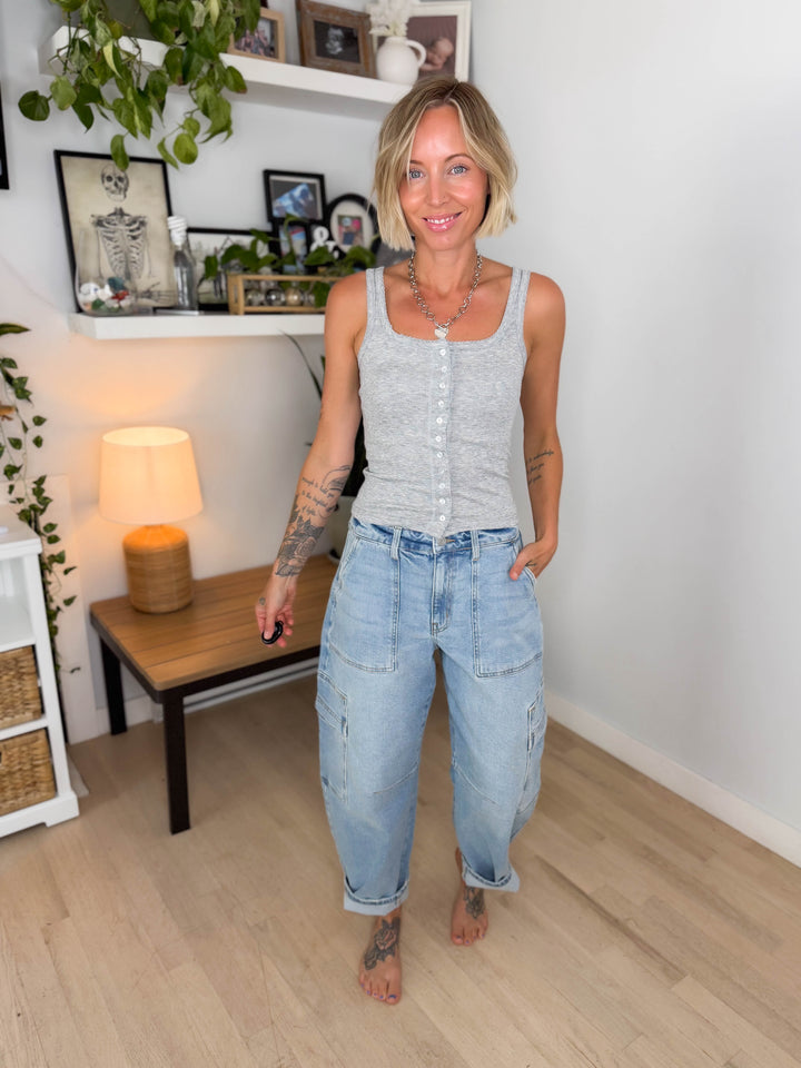 Cello Curt High Rise Cargo Barrel Jeans- LIGHT