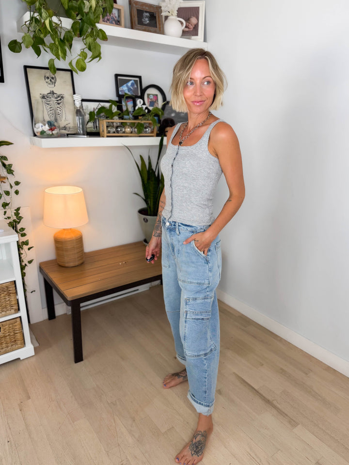 Cello Curt High Rise Cargo Barrel Jeans- LIGHT