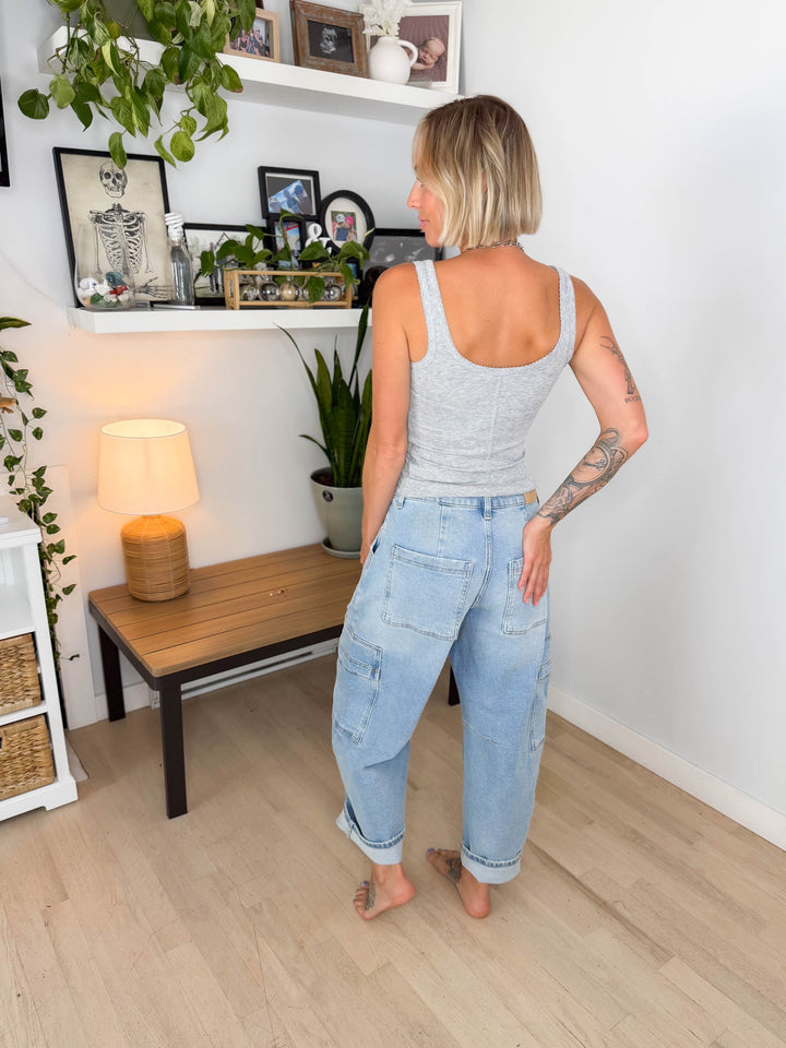 Cello Curt High Rise Cargo Barrel Jeans- LIGHT