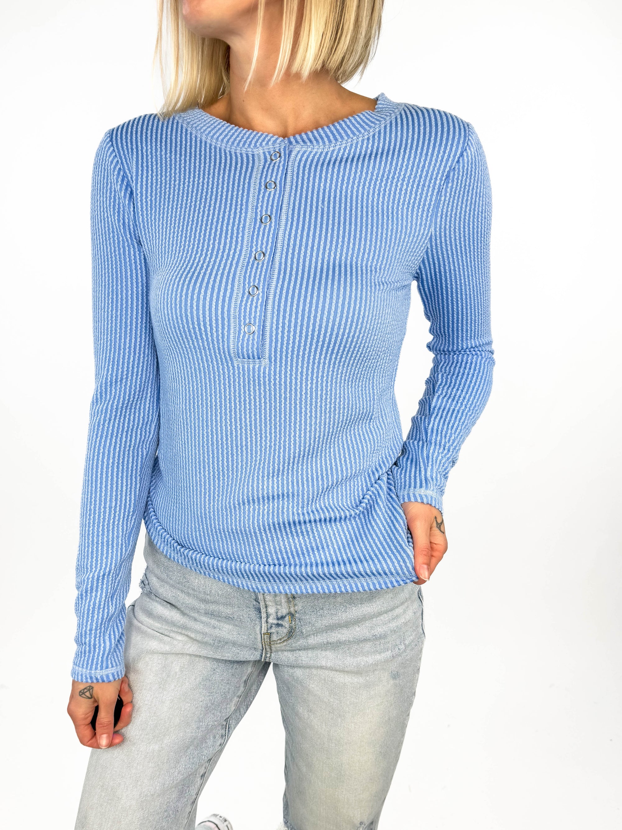 Smile Textured Button Down Long Sleeve- SKY