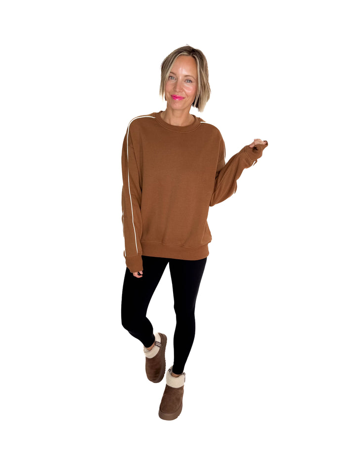 Mono B Kylie Side Stripe Fleece Crewneck- BROWN/IVORY
