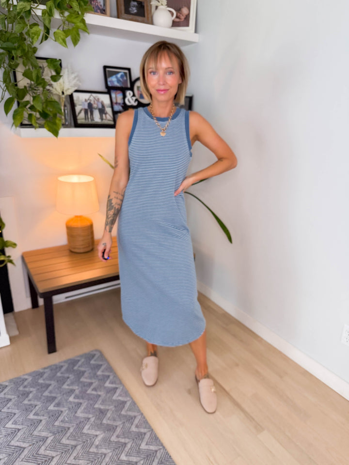 Florence Stripe Tank Knit Midi Dress- DENIM