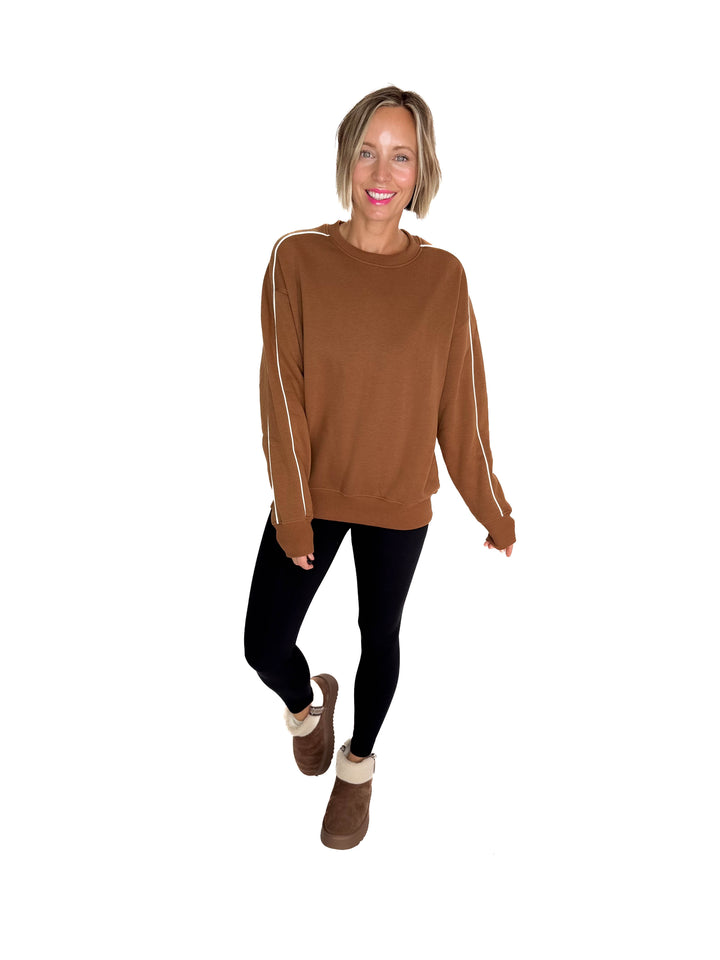 Mono B Kylie Side Stripe Fleece Crewneck- BROWN/IVORY