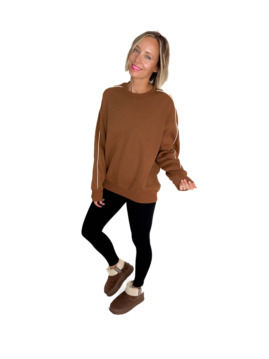 Mono B Kylie Side Stripe Fleece Crewneck- BROWN/IVORY
