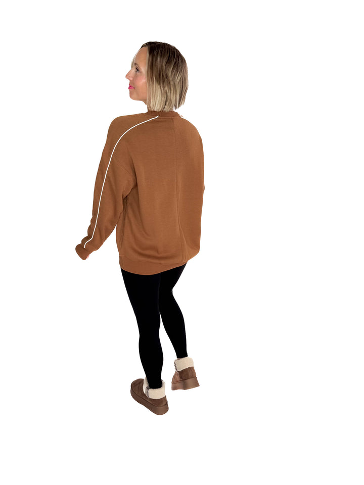 Mono B Kylie Side Stripe Fleece Crewneck- BROWN/IVORY