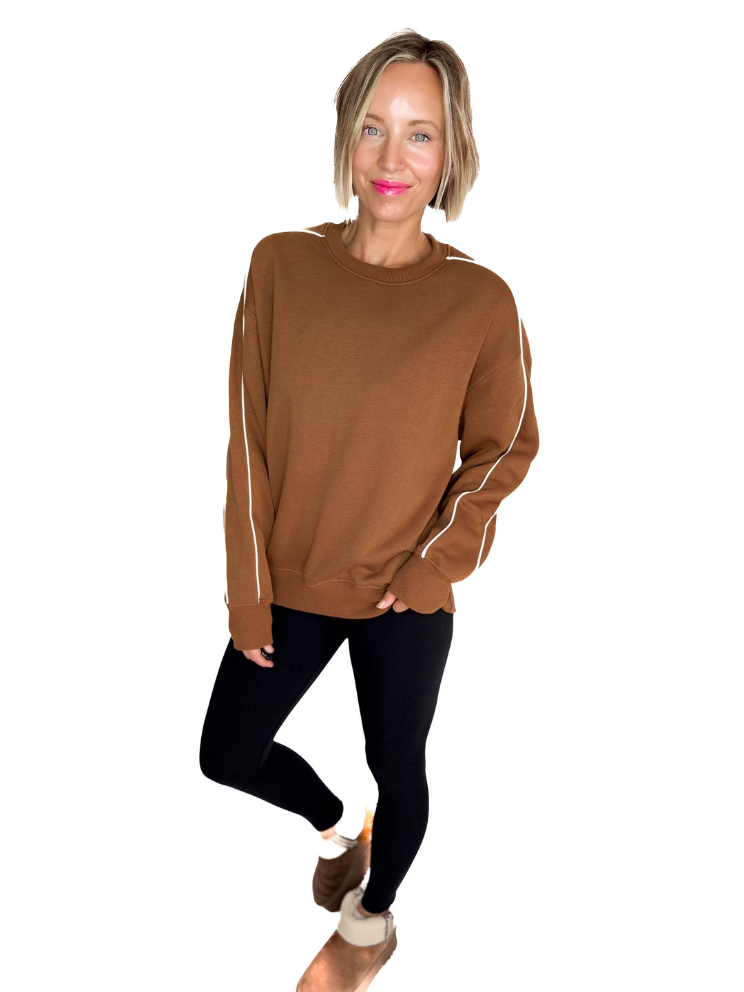 Mono B Kylie Side Stripe Fleece Crewneck- BROWN/IVORY