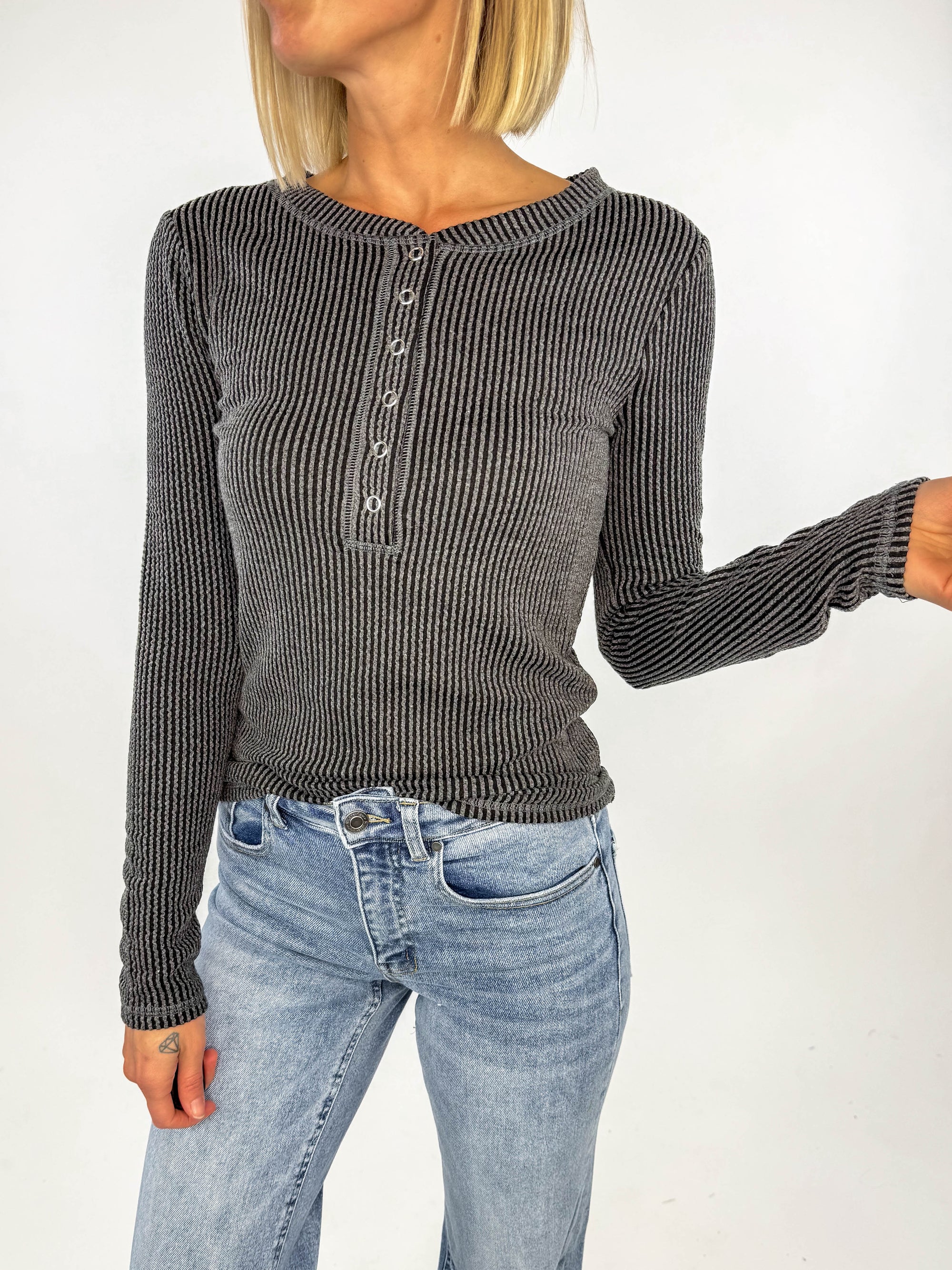 Smile Textured Button Down Long Sleeve- CHARCOAL