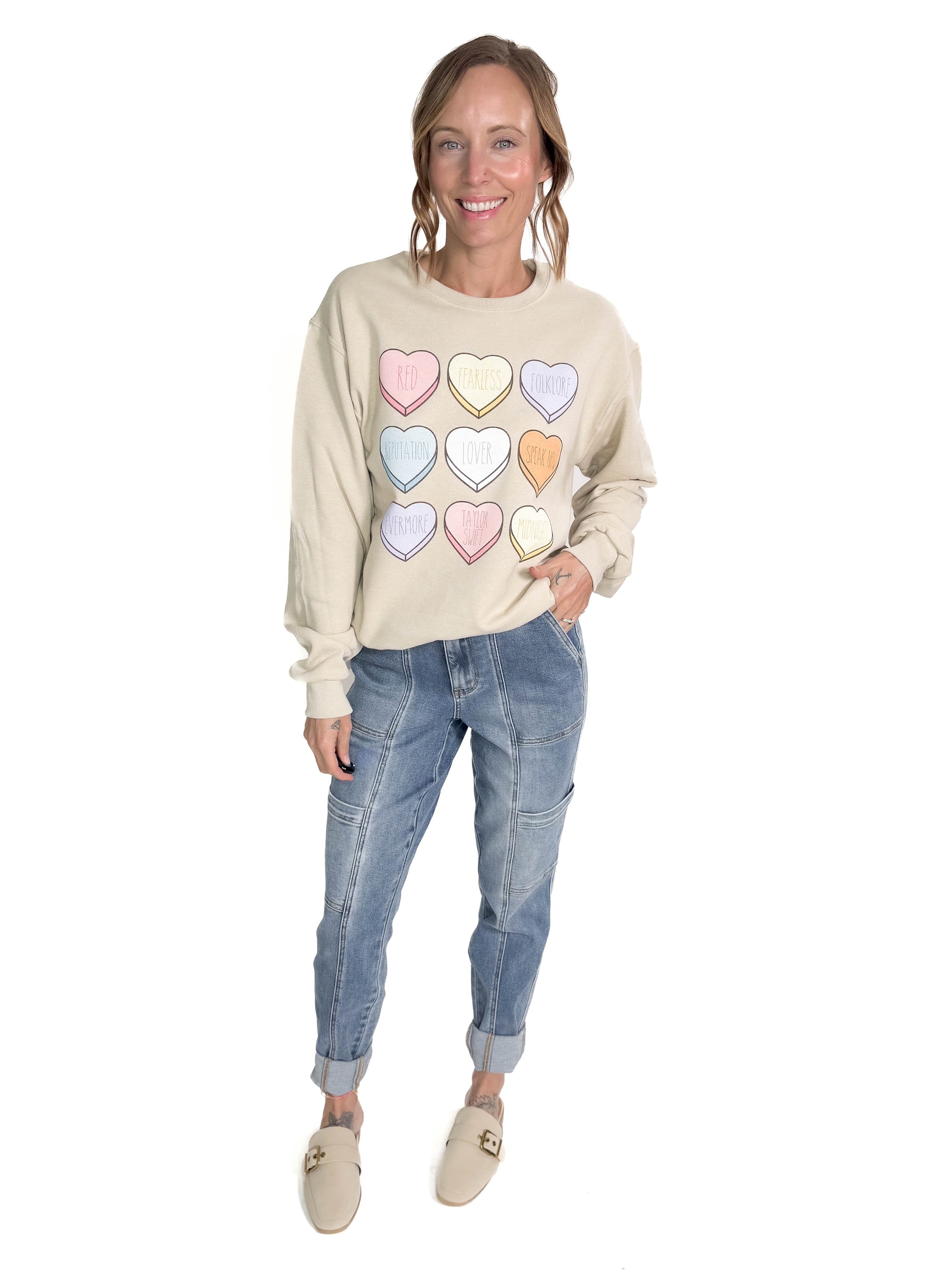 Swiftie Candy Hearts Graphic Crewneck- SAND