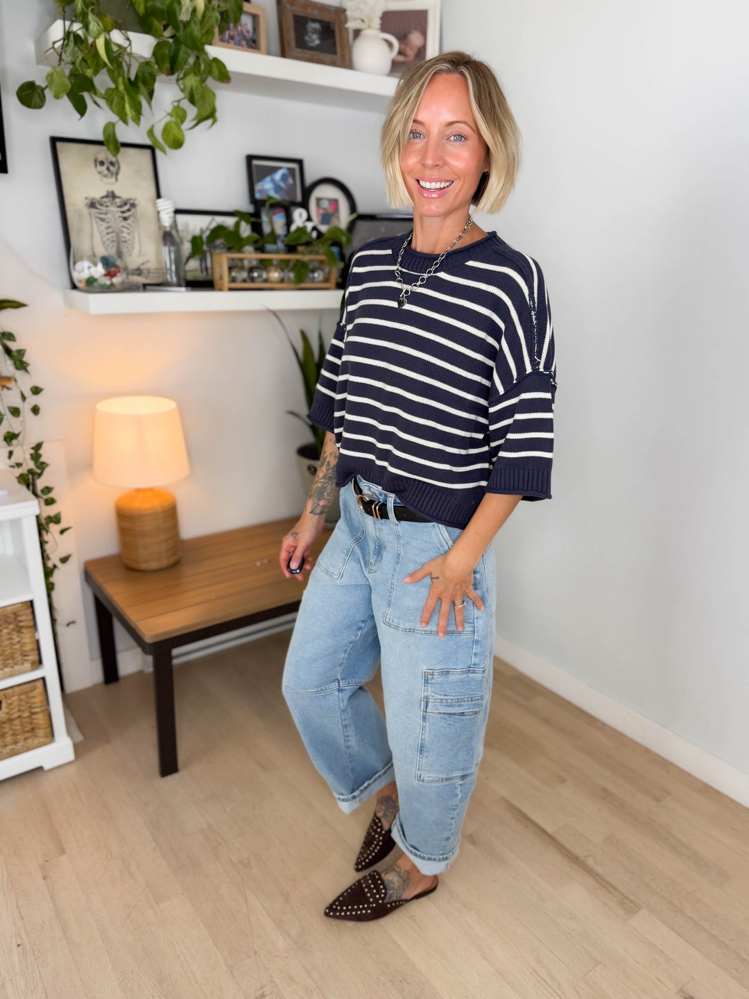 Darlene Stripe Drop Shoulder Short Sleeve Sweater- DARK NAVY-FINAL SALE