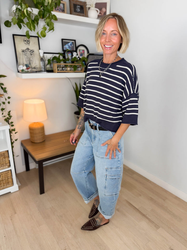 Darlene Stripe Drop Shoulder Short Sleeve Sweater- DARK NAVY-FINAL SALE