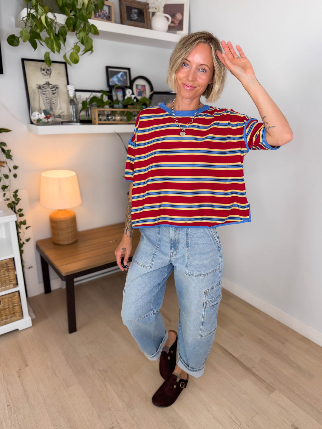 Lynden Soft Stripe Pullover Top- RED/BLUE