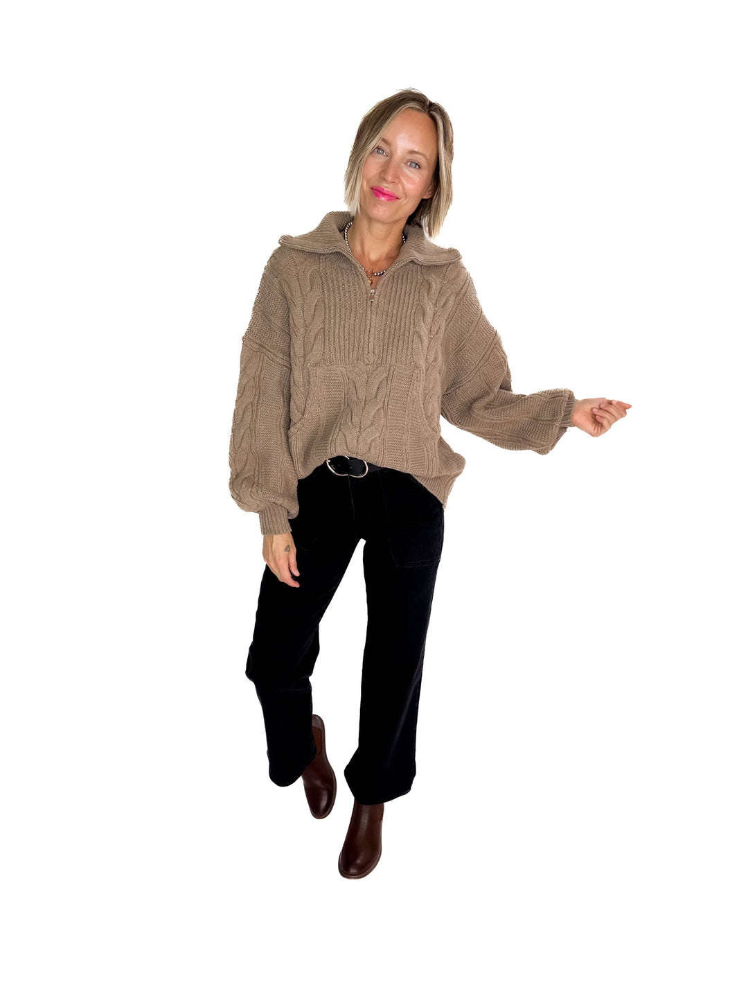 Kiki Cable Kint 1/2 Zip Sweater- FAWN