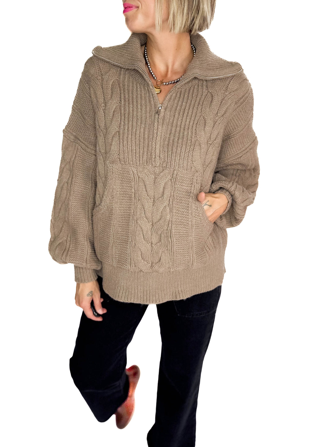 Kiki Cable Kint 1/2 Zip Sweater- FAWN